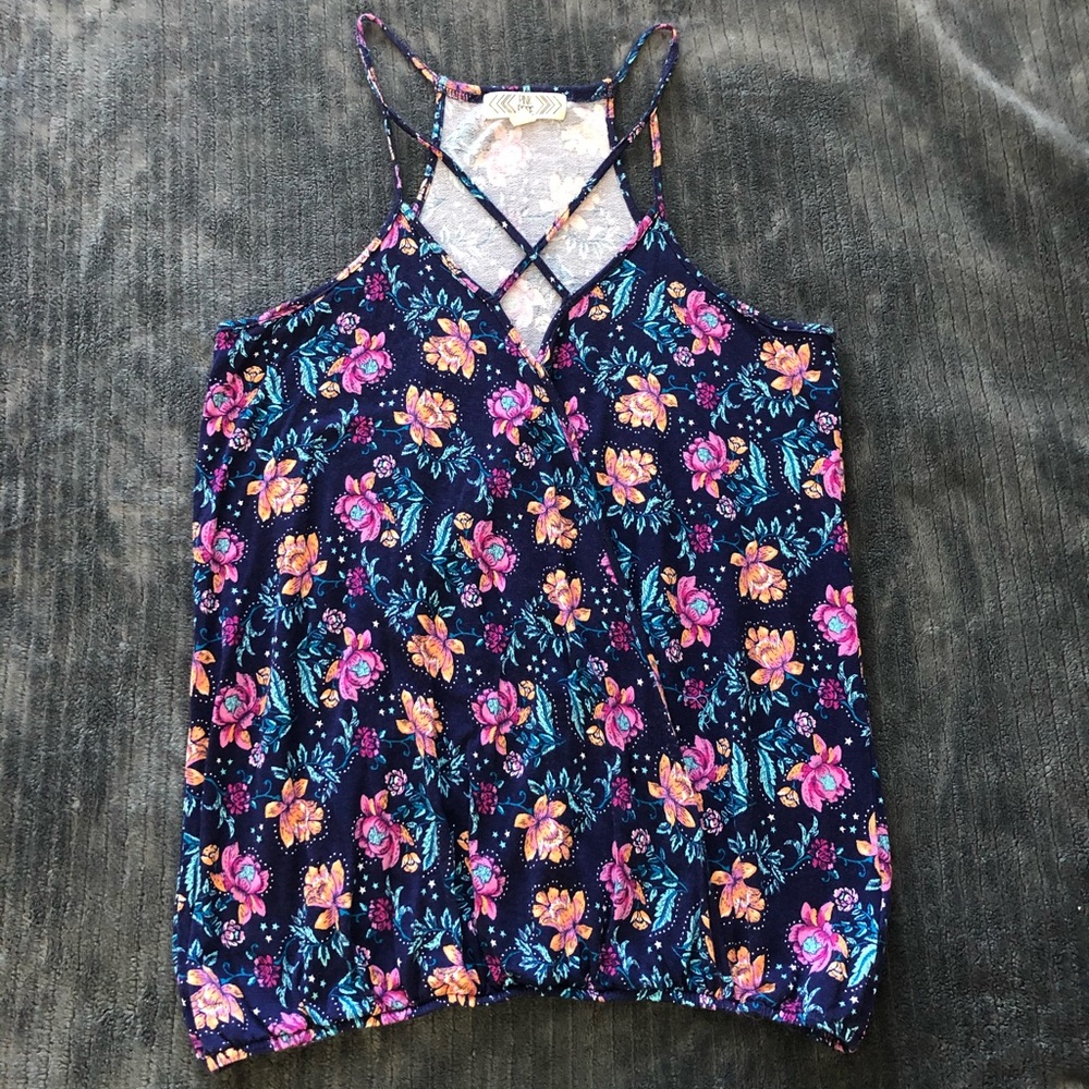EUC Pink Rose Strappy Cross Front Floral Tank Top